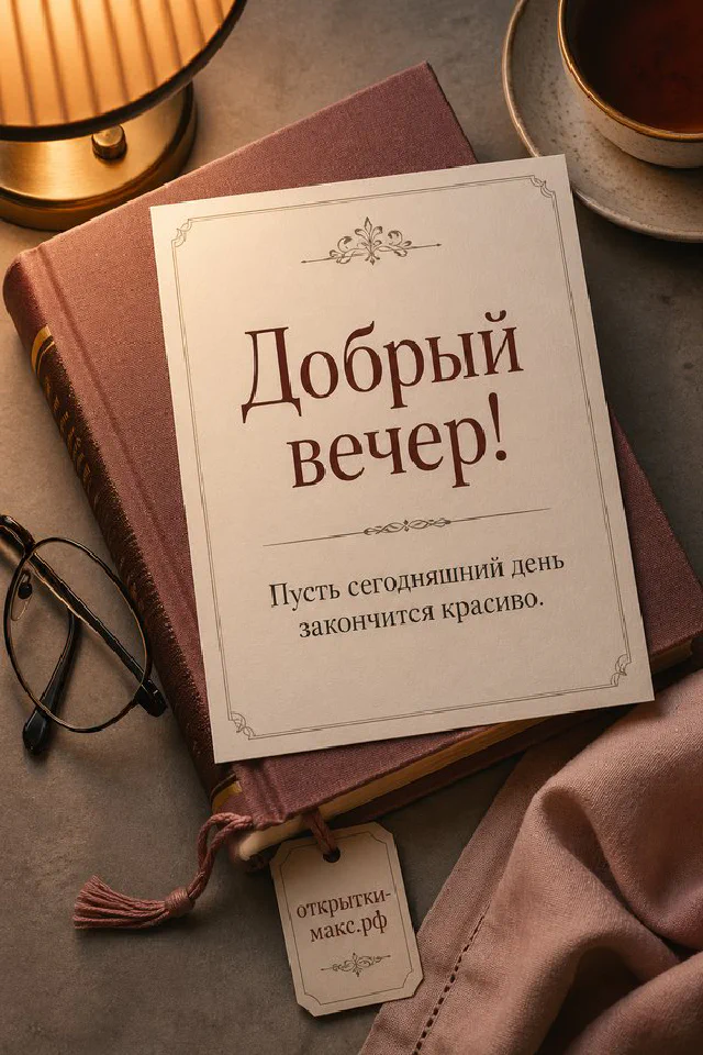 Минималистичная открытка с венком из тонких ветвей и ягод на пудрово-розовом фоне с надписью Добрый вечер — вариант 3