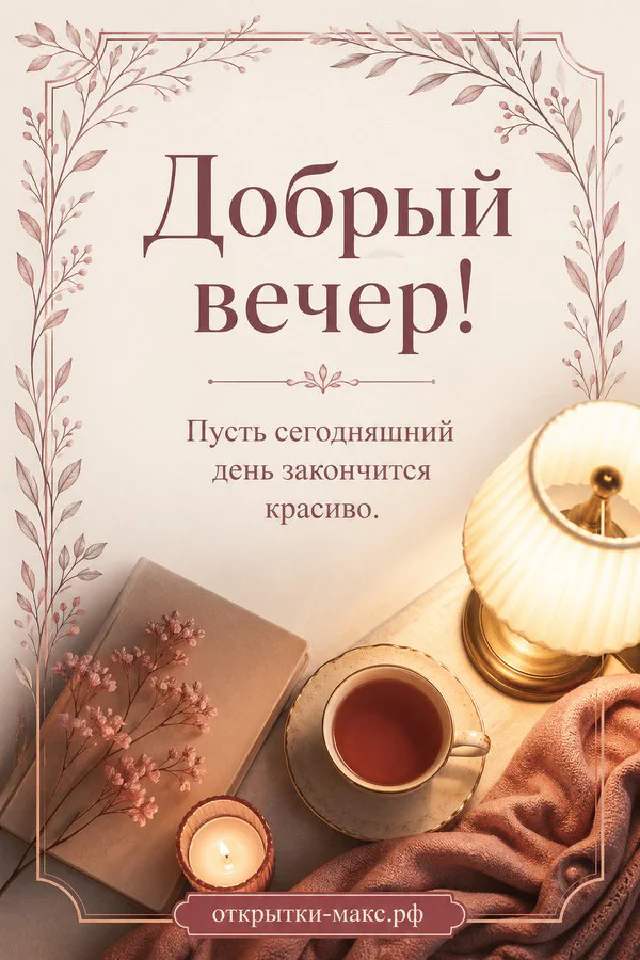 Минималистичная открытка с венком из тонких ветвей и ягод на пудрово-розовом фоне с надписью Добрый вечер — вариант 5
