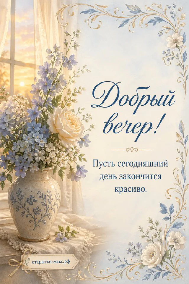 Минималистичная открытка с венком из тонких ветвей и ягод на пудрово-розовом фоне с надписью Добрый вечер — вариант 7