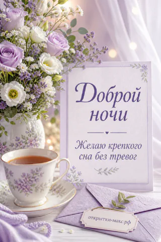 Букет белых и сиреневых роз в вазе, фарфоровая чашка чая и лиловый конверт с надписью Доброй ночи