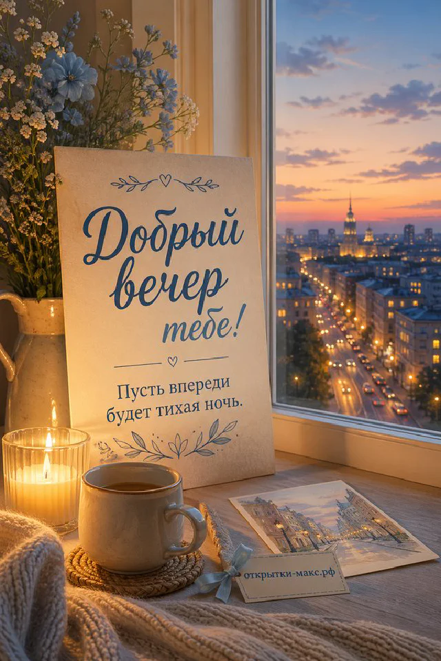 Фарфоровый кувшин с белыми ромашками и голубыми цветами, рядом свеча-фонарик на подоконнике — вариант 3
