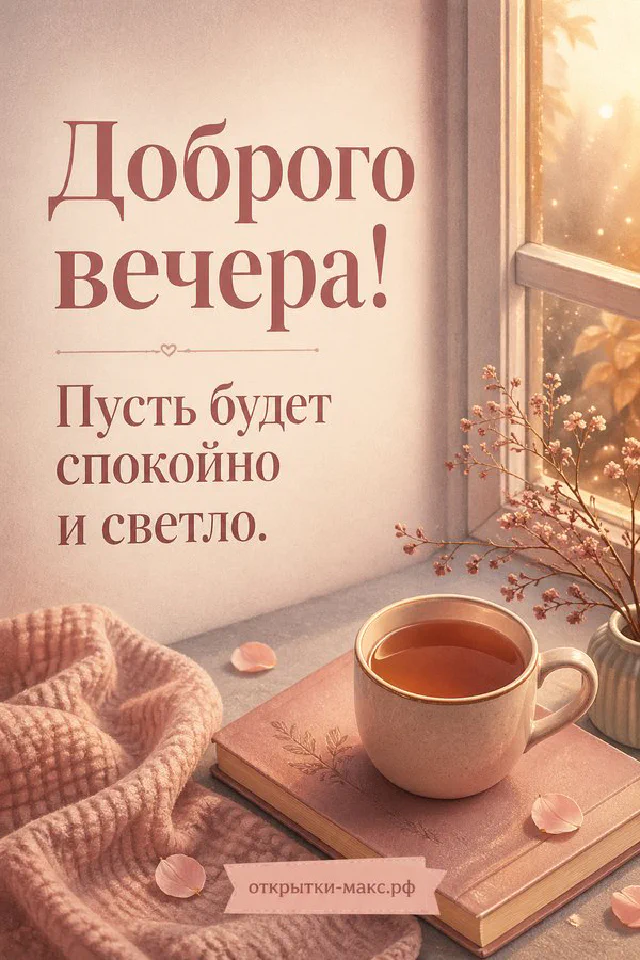 Чашка чая на подоконнике с розовыми розами и закатным светом, надпись «Доброго вечера» — вариант 4