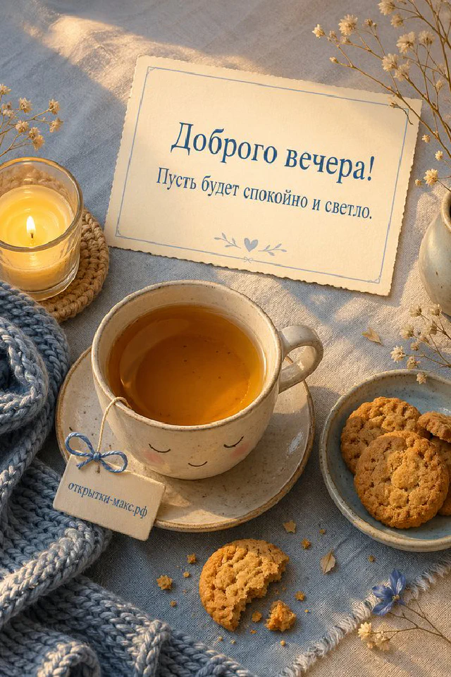 Чашка чая на подоконнике с розовыми розами и закатным светом, надпись «Доброго вечера» — вариант 5