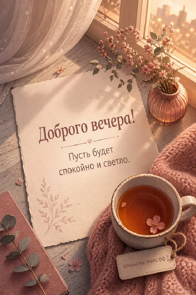 Чашка чая на подоконнике с розовыми розами и закатным светом, надпись «Доброго вечера» — вариант 7