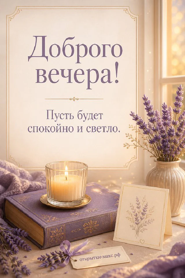 Чашка чая на подоконнике с розовыми розами и закатным светом, надпись «Доброго вечера» — вариант 8
