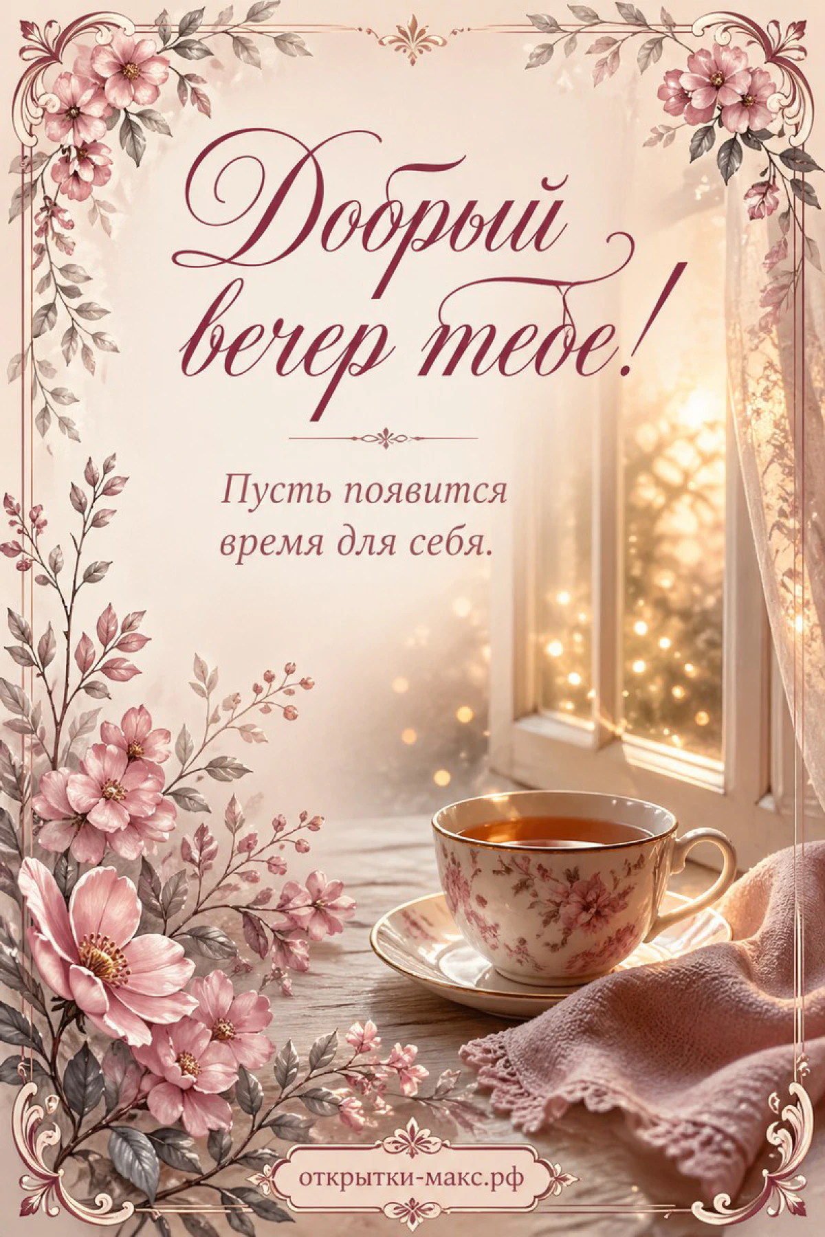 Фарфоровая чашка чая с розовым узором среди нежных розовых цветов у светящегося окна в вечернем свете