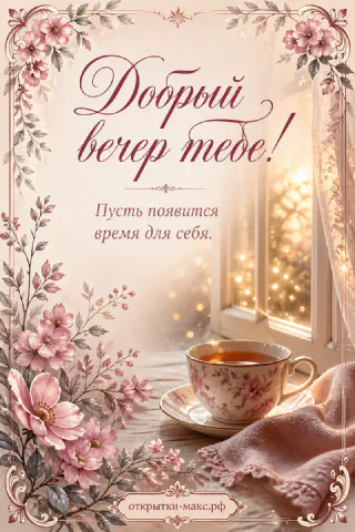 Фарфоровая чашка чая с розовым узором среди нежных розовых цветов у светящегося окна в вечернем свете