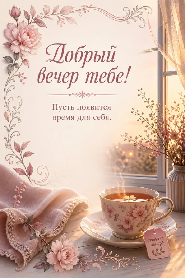 Фарфоровая чашка чая с розовым узором среди нежных розовых цветов у светящегося окна в вечернем свете — вариант 4