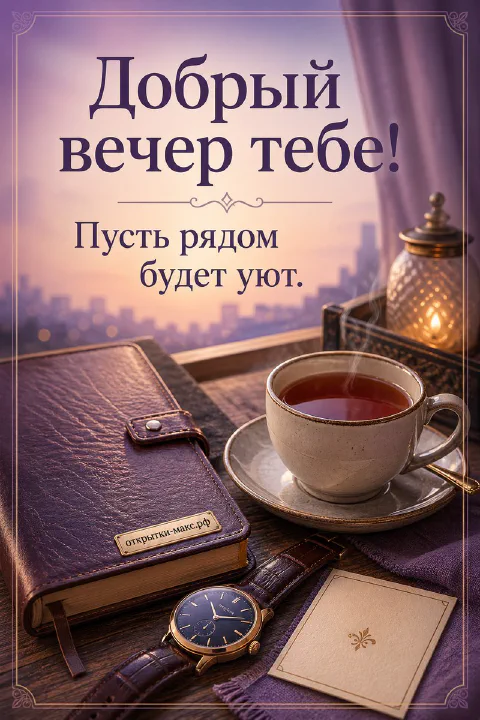 Кожаный ежедневник с наручными часами, белая чашка чая и фонарь у окна с видом на вечерний город