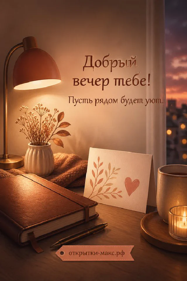 Кожаный ежедневник с наручными часами, белая чашка чая и фонарь у окна с видом на вечерний город — вариант 6
