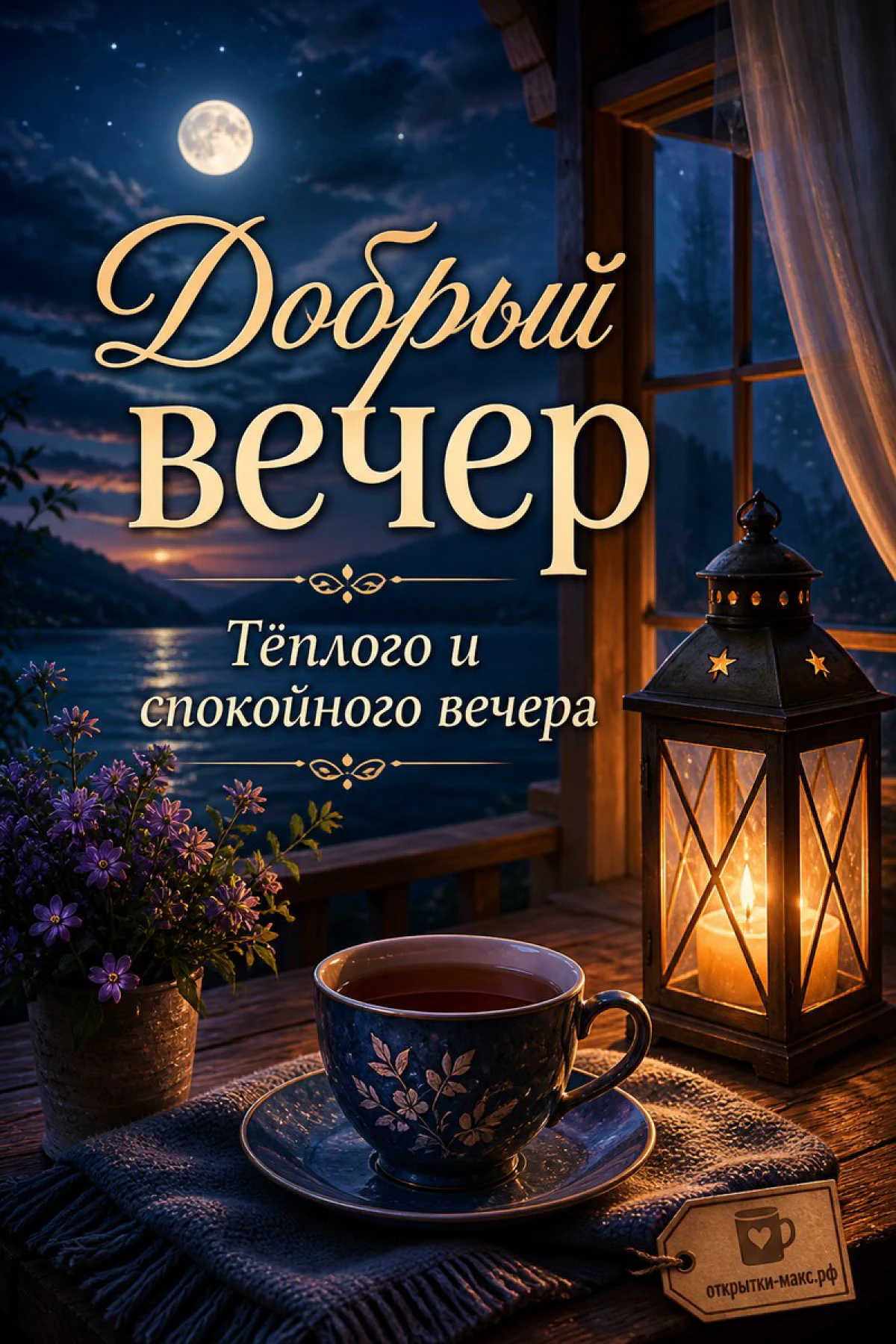 Чашка чая с цветочным узором и латунный фонарь со свечой под полной луной — ночная открытка добрый вечер
