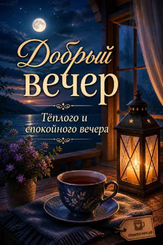 Чашка чая с цветочным узором и латунный фонарь со свечой под полной луной — ночная открытка добрый вечер