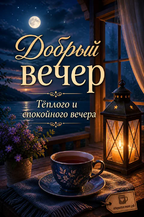 Чашка чая с цветочным узором и латунный фонарь со свечой под полной луной — ночная открытка добрый вечер