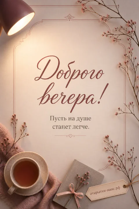 Чашка чая с ветками гипсофилы и настольной лампой в пудровых тонах, надпись «Доброго вечера»