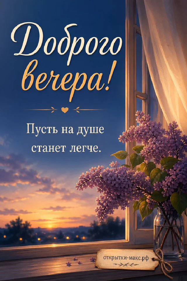 Чашка чая с ветками гипсофилы и настольной лампой в пудровых тонах, надпись «Доброго вечера» — вариант 2
