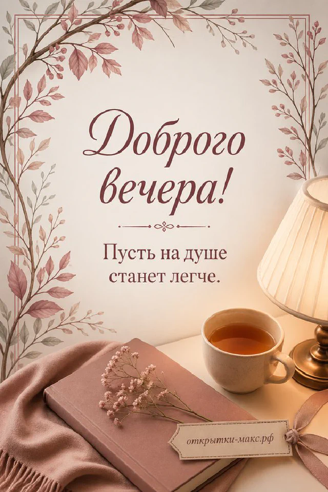Чашка чая с ветками гипсофилы и настольной лампой в пудровых тонах, надпись «Доброго вечера» — вариант 3