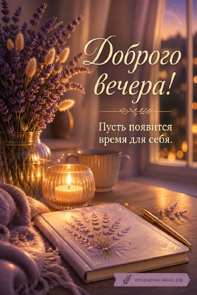 Чашка чая, ежедневник с ручкой, наручные часы и свеча под настольной лампой, надпись «Доброго вечера» — вариант 2