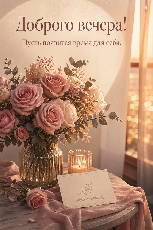 Чашка чая, ежедневник с ручкой, наручные часы и свеча под настольной лампой, надпись «Доброго вечера» — вариант 4