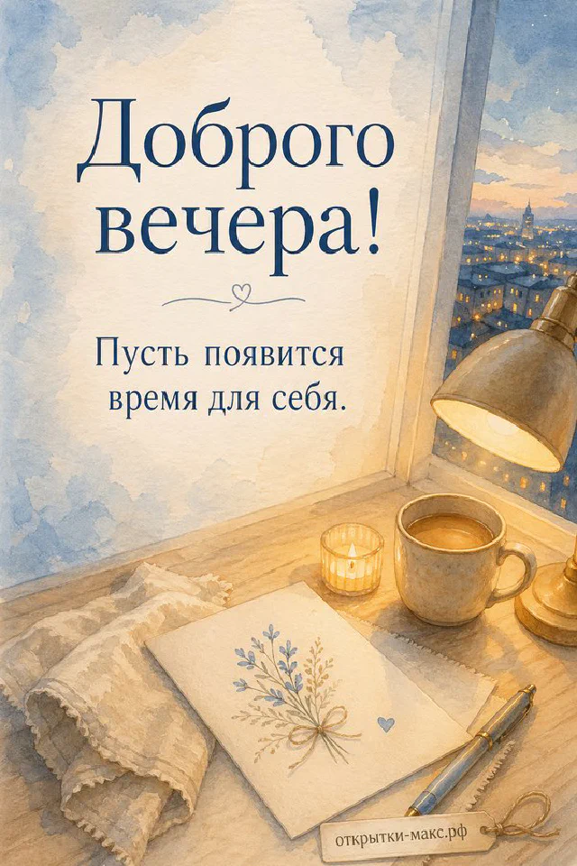 Чашка чая, ежедневник с ручкой, наручные часы и свеча под настольной лампой, надпись «Доброго вечера» — вариант 5