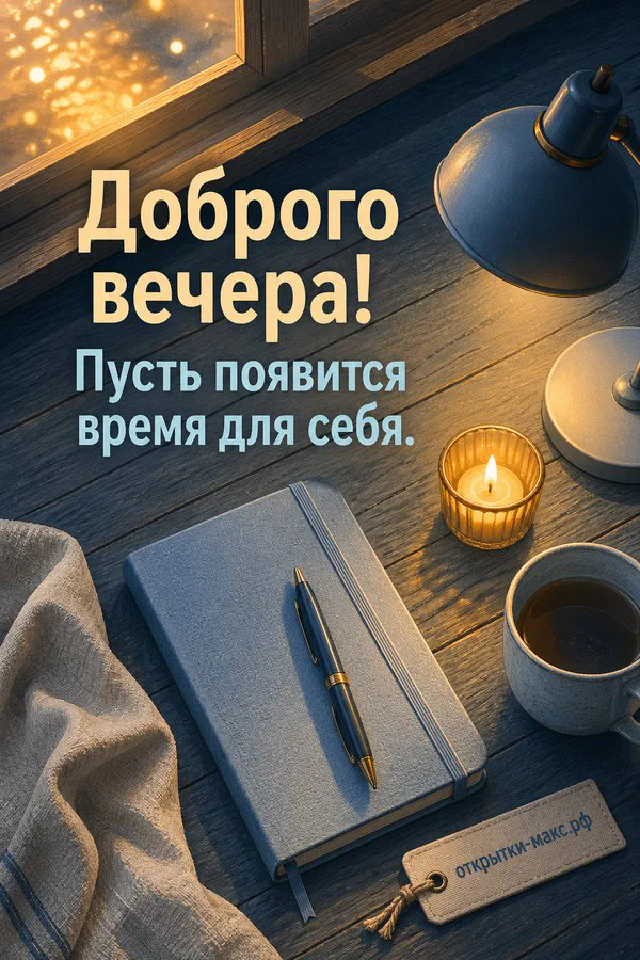 Чашка чая, ежедневник с ручкой, наручные часы и свеча под настольной лампой, надпись «Доброго вечера» — вариант 6