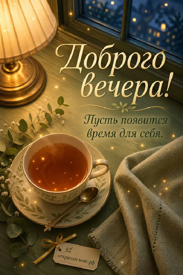 Чашка чая, ежедневник с ручкой, наручные часы и свеча под настольной лампой, надпись «Доброго вечера» — вариант 7