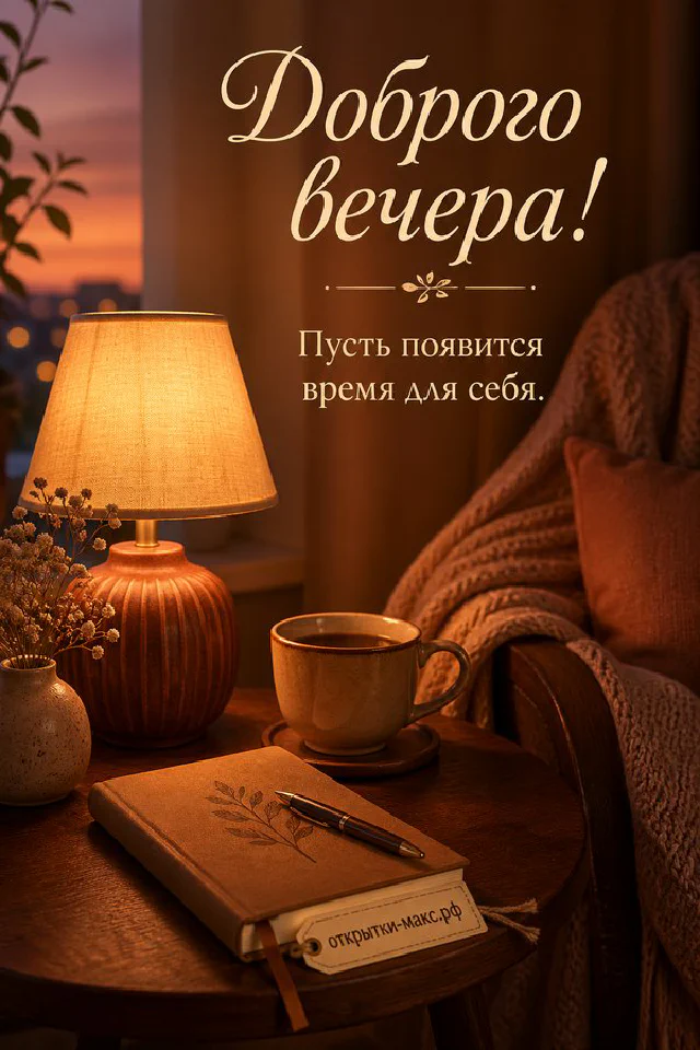 Чашка чая, ежедневник с ручкой, наручные часы и свеча под настольной лампой, надпись «Доброго вечера» — вариант 8