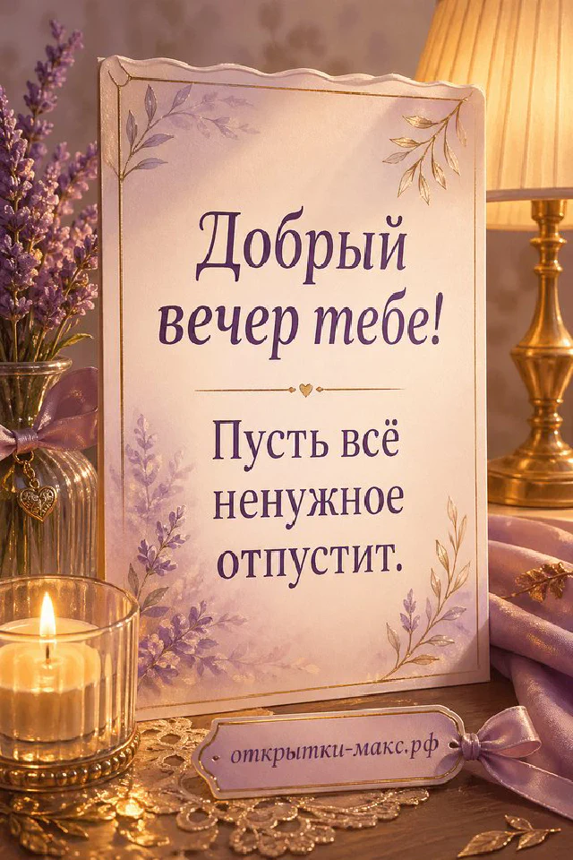 Чашка чая с блюдцем у розовой настольной лампы, рядом ваза с цветами, за окном закатное небо — вариант 3
