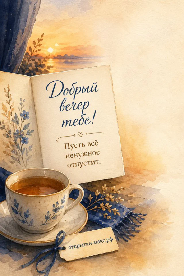 Чашка чая с блюдцем у розовой настольной лампы, рядом ваза с цветами, за окном закатное небо — вариант 5