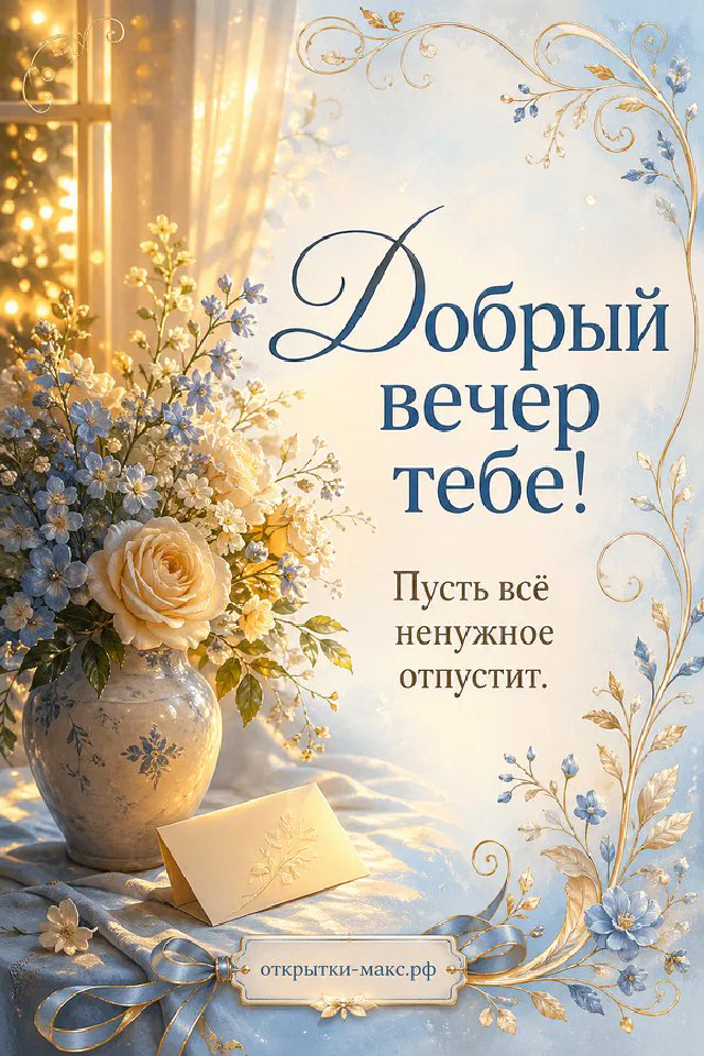 Чашка чая с блюдцем у розовой настольной лампы, рядом ваза с цветами, за окном закатное небо — вариант 6