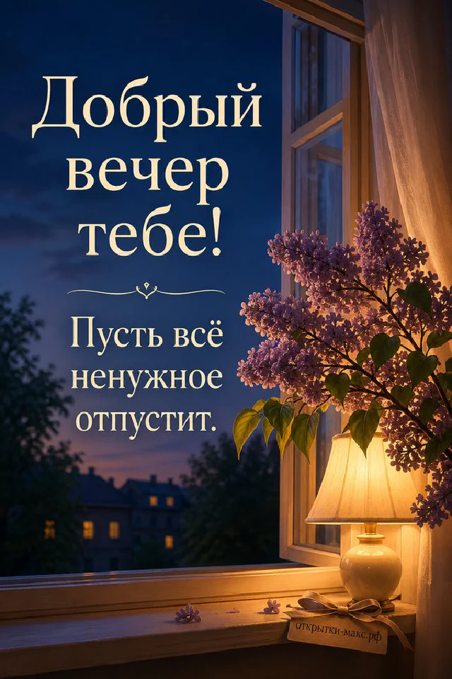 Чашка чая с блюдцем у розовой настольной лампы, рядом ваза с цветами, за окном закатное небо — вариант 8