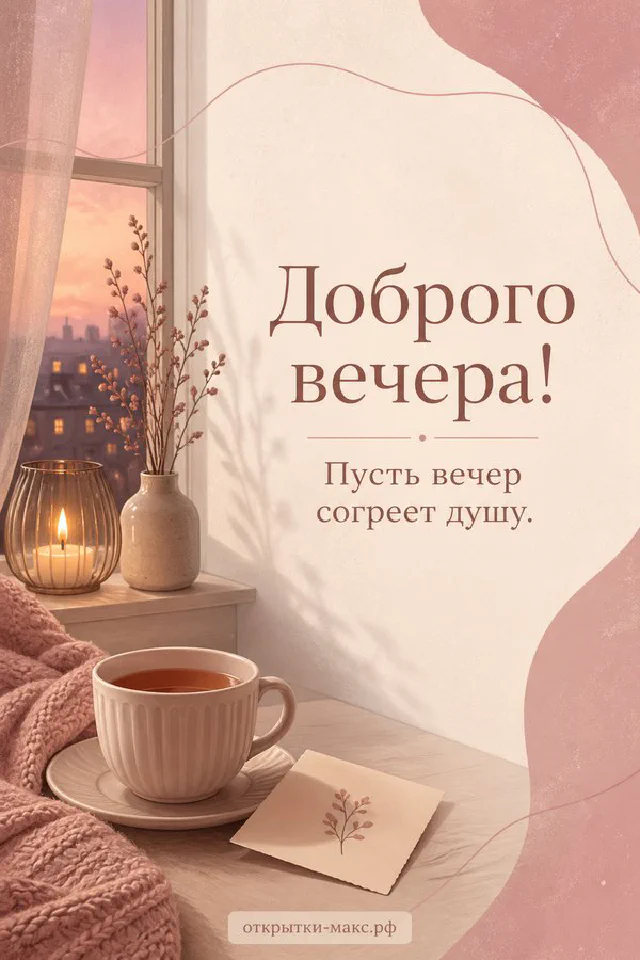 Улыбающаяся чашка травяного чая с печеньем и свечой на голубом фоне, надпись «Доброго вечера» — вариант 2