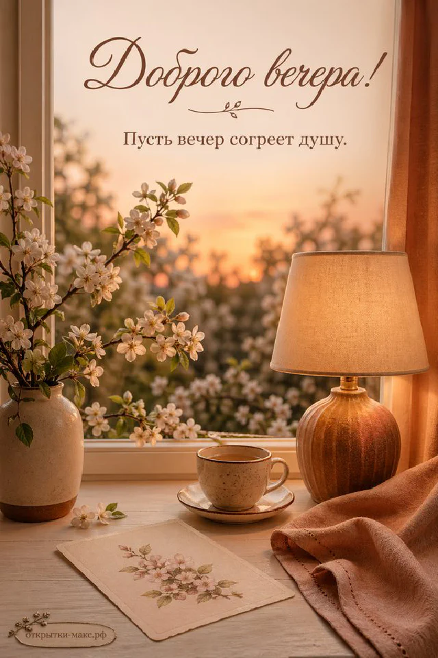 Улыбающаяся чашка травяного чая с печеньем и свечой на голубом фоне, надпись «Доброго вечера» — вариант 3
