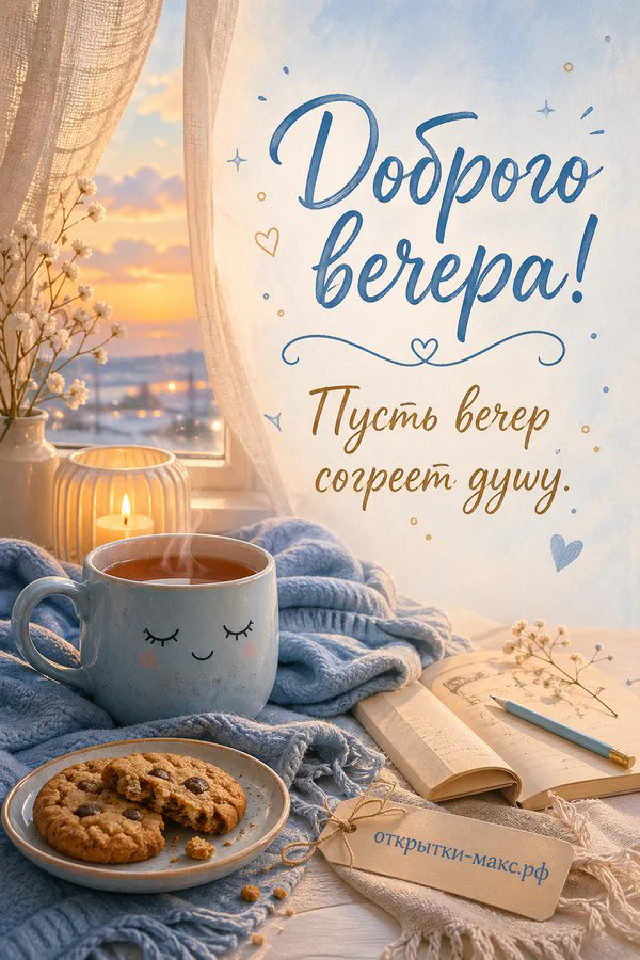 Улыбающаяся чашка травяного чая с печеньем и свечой на голубом фоне, надпись «Доброго вечера» — вариант 4