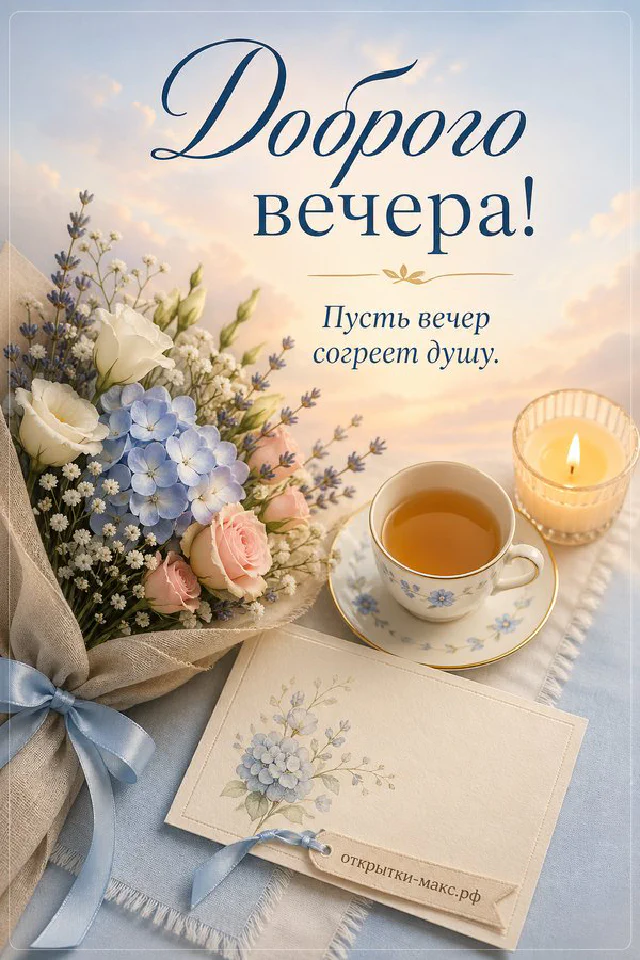 Улыбающаяся чашка травяного чая с печеньем и свечой на голубом фоне, надпись «Доброго вечера» — вариант 5