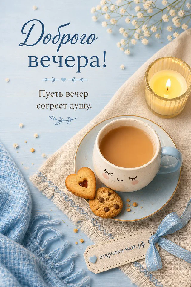 Улыбающаяся чашка травяного чая с печеньем и свечой на голубом фоне, надпись «Доброго вечера» — вариант 7