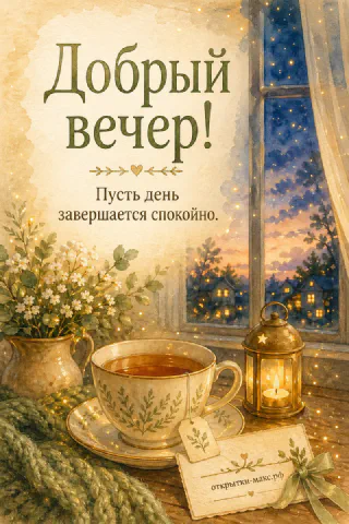 Акварельная открытка с чашкой чая, белым цветочным венком и фонарём на фоне ночного окна