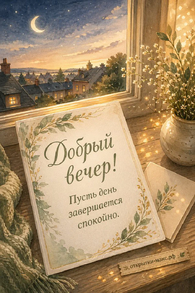 Акварельная открытка с чашкой чая, белым цветочным венком и фонарём на фоне ночного окна — вариант 2
