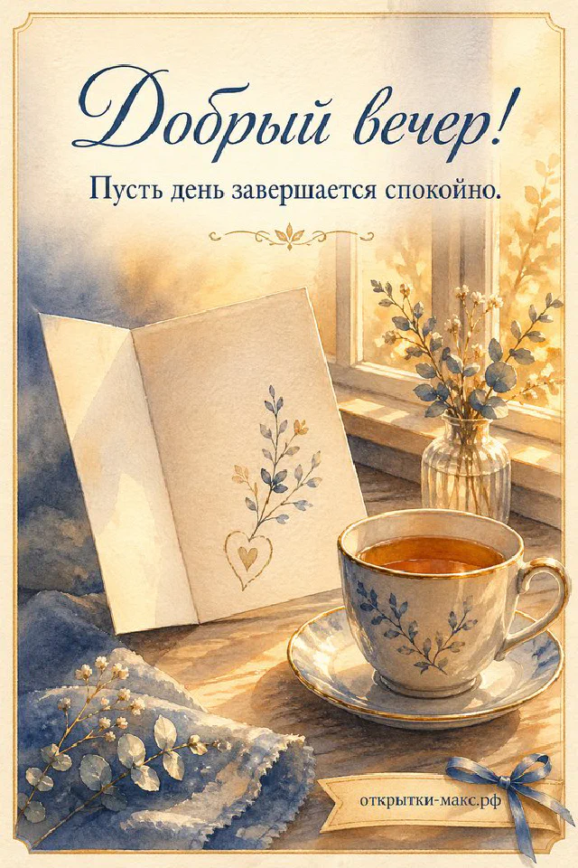 Акварельная открытка с чашкой чая, белым цветочным венком и фонарём на фоне ночного окна — вариант 3