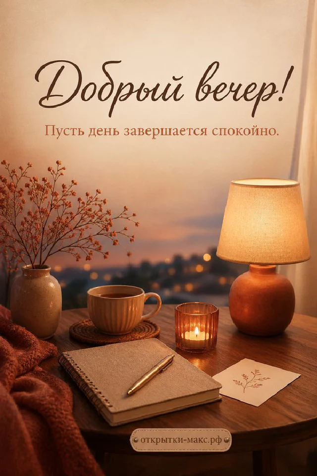 Акварельная открытка с чашкой чая, белым цветочным венком и фонарём на фоне ночного окна — вариант 4