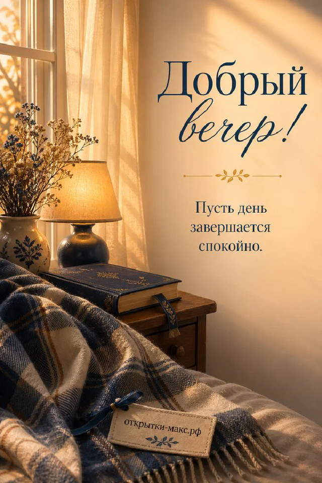Акварельная открытка с чашкой чая, белым цветочным венком и фонарём на фоне ночного окна — вариант 5