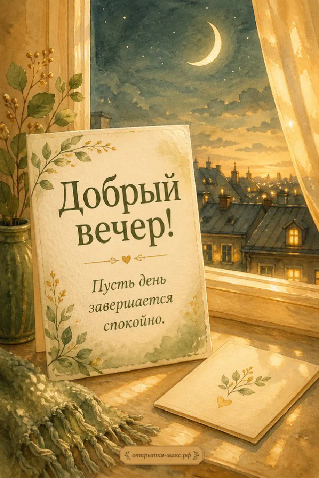 Акварельная открытка с чашкой чая, белым цветочным венком и фонарём на фоне ночного окна — вариант 6
