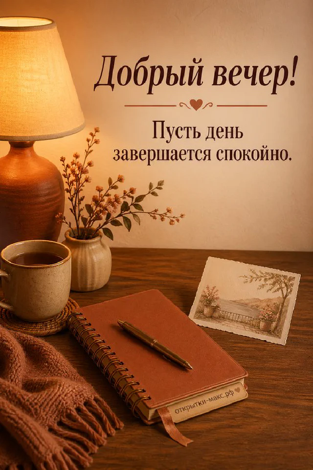 Акварельная открытка с чашкой чая, белым цветочным венком и фонарём на фоне ночного окна — вариант 7