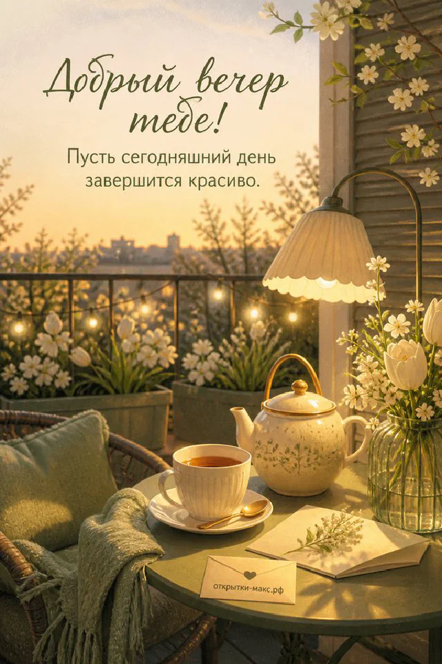 Фарфоровая чашка чая на стопке книг у ночного окна со звёздным небом, рядом ветка плюща с золотыми огнями — вариант 2