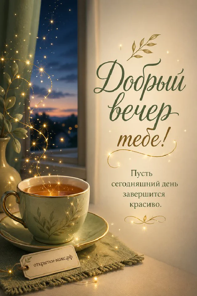 Фарфоровая чашка чая на стопке книг у ночного окна со звёздным небом, рядом ветка плюща с золотыми огнями — вариант 5