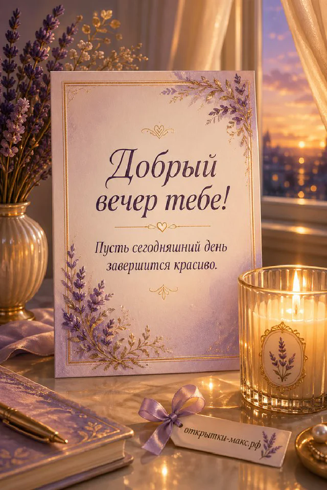 Фарфоровая чашка чая на стопке книг у ночного окна со звёздным небом, рядом ветка плюща с золотыми огнями — вариант 8