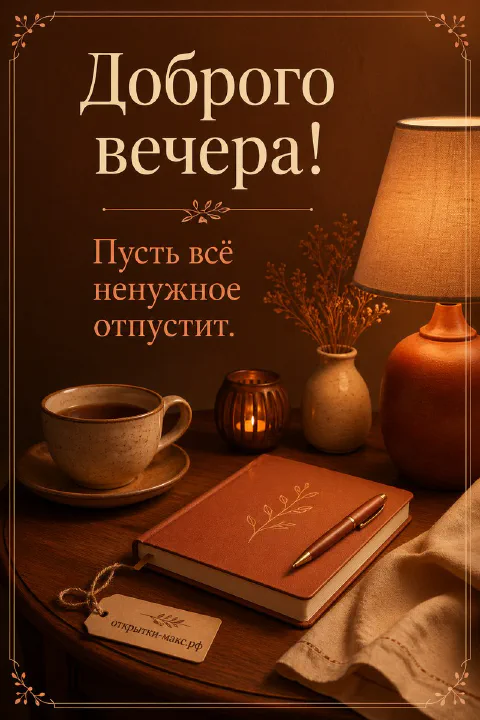 Кожаный ежедневник с ручкой, чашка чая и настольная лампа в янтарных тонах, надпись «Доброго вечера»