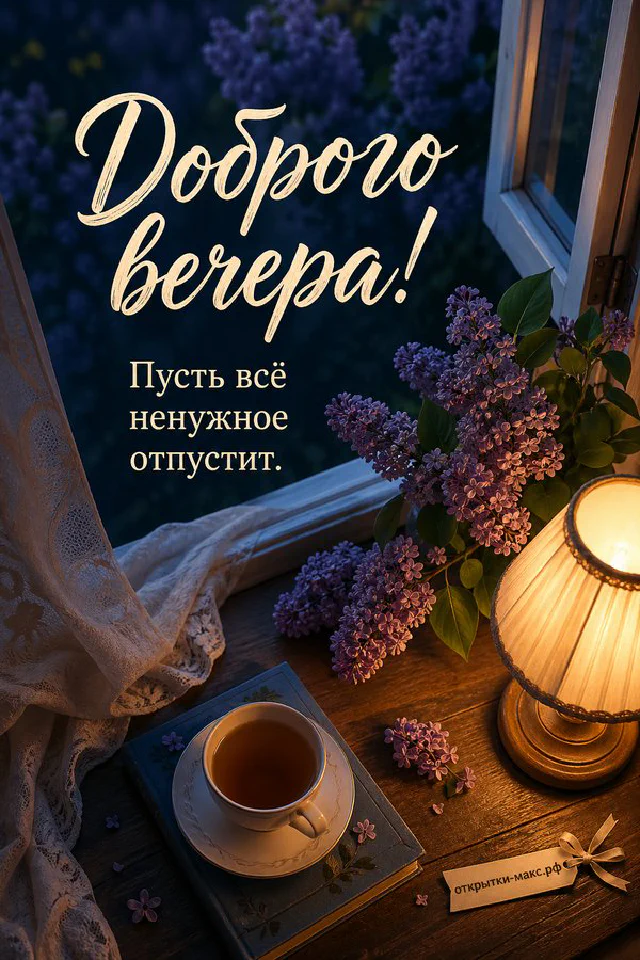 Кожаный ежедневник с ручкой, чашка чая и настольная лампа в янтарных тонах, надпись «Доброго вечера» — вариант 2