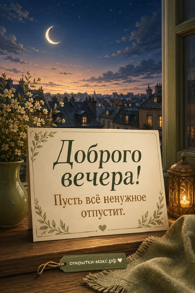 Кожаный ежедневник с ручкой, чашка чая и настольная лампа в янтарных тонах, надпись «Доброго вечера» — вариант 4