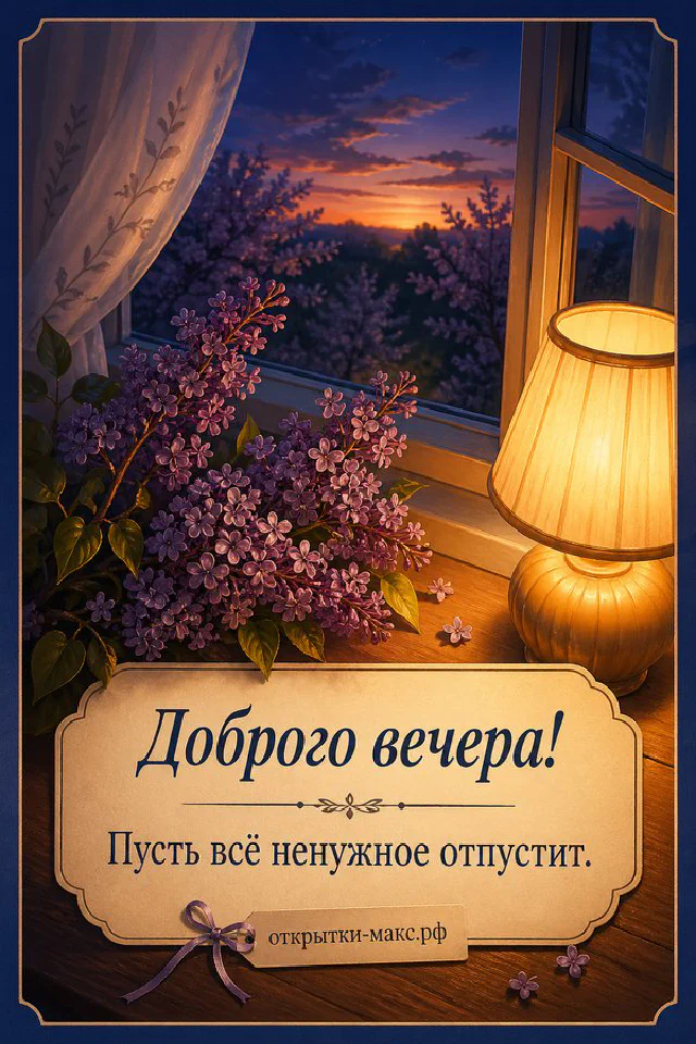 Кожаный ежедневник с ручкой, чашка чая и настольная лампа в янтарных тонах, надпись «Доброго вечера» — вариант 5