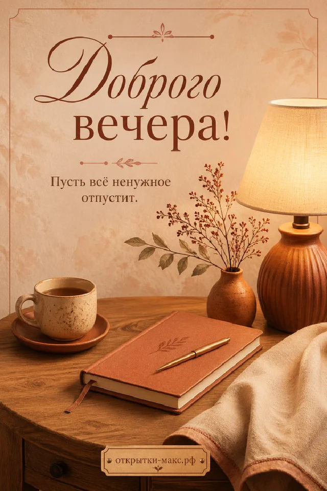 Кожаный ежедневник с ручкой, чашка чая и настольная лампа в янтарных тонах, надпись «Доброго вечера» — вариант 6